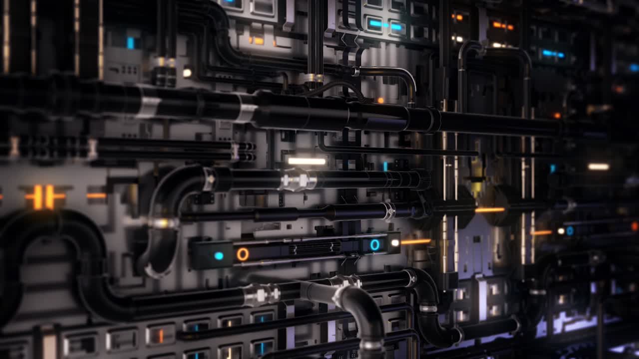 Abstract new details of mechanism with many pipes and colorful indicators, seamless loop. Animation. 3D generated technological industrial template, view inside of a machine.