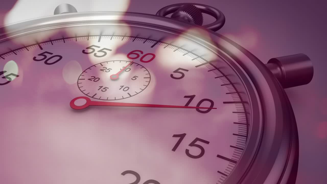 Timer che parte, quadrante del cronometro che si sposta in senso orario con lancetta rossa, nuvole che si spostano per visualizzare l'ora