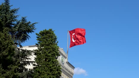 the flag of turkey blowing in the wind with a clear blue sky in the background