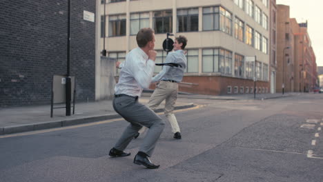 Contemporary-funky-caucasian-businessman-street-dancer-dancing-freestyle-in-the-city