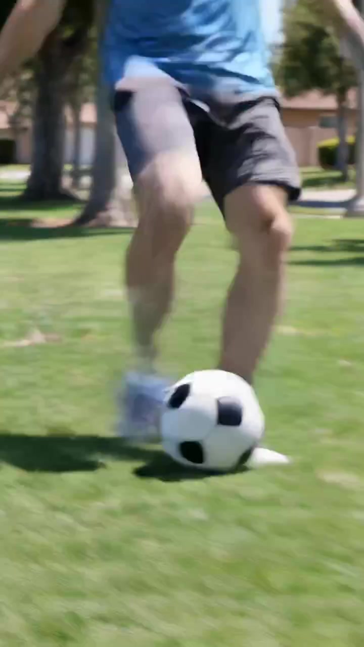 Video vertical: Adulto con camiseta azul pasando una pelota rodando, niño con camiseta roja practicando en el parque.