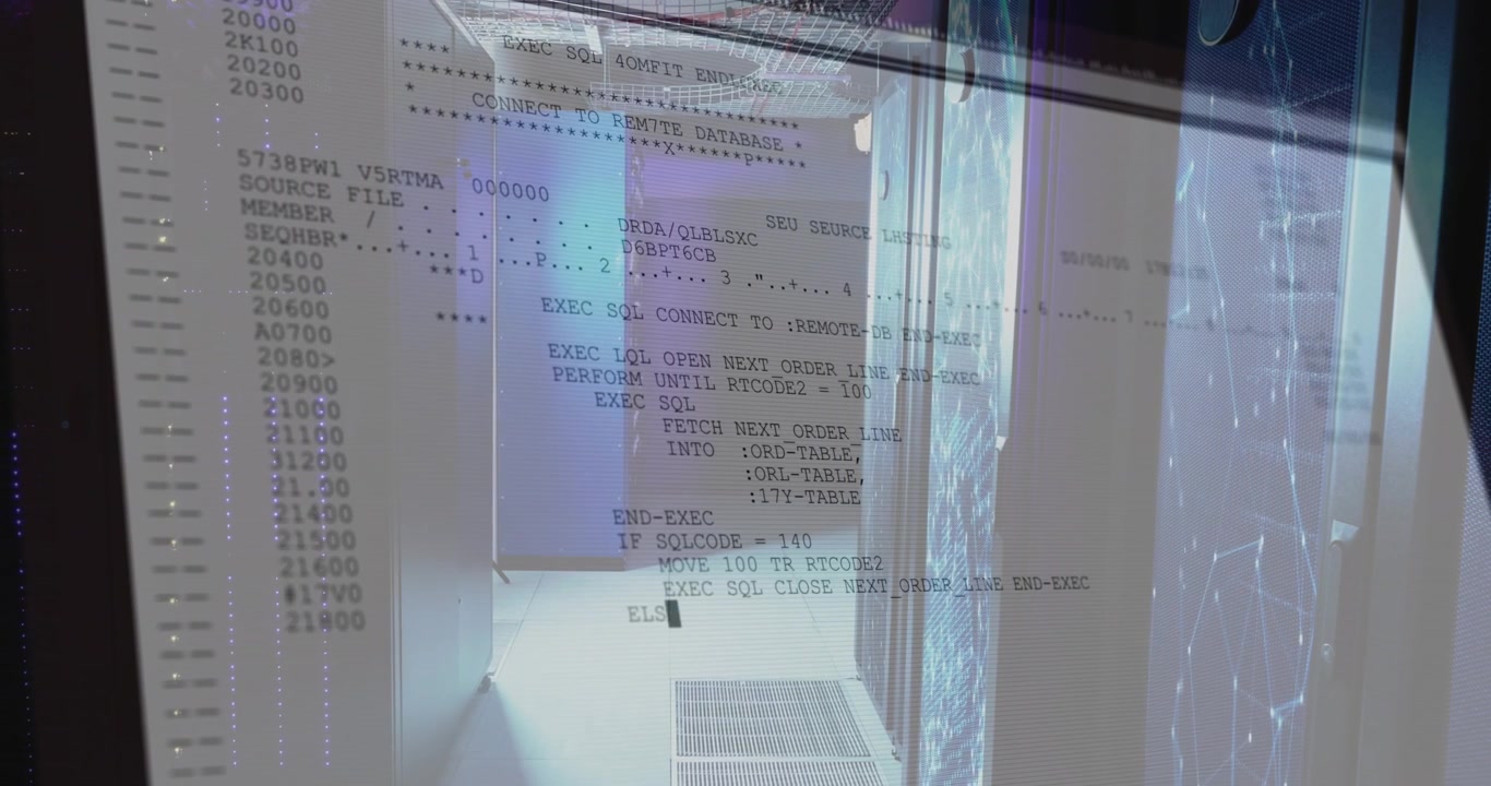 Faint interface overlay appearing over server corridor, streaming SQL lines for database connection