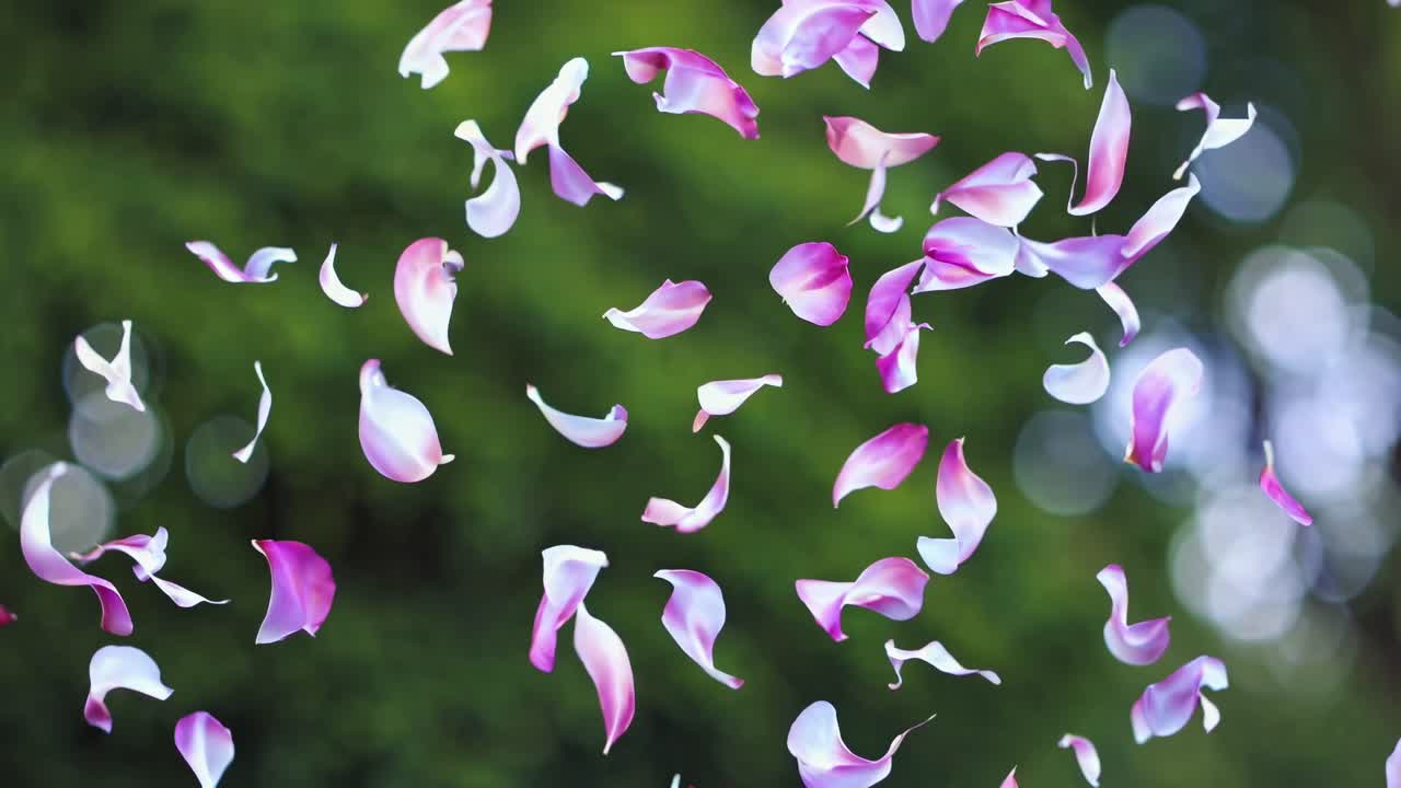 Petals gracefully falling against a blurred green background, captured in a slow-motion video