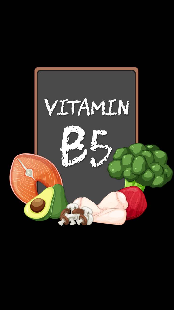 Testo su lavagna e alimenti assortiti si animano su sfondo nero, evidenziando le fonti alimentari di vitamina B5.