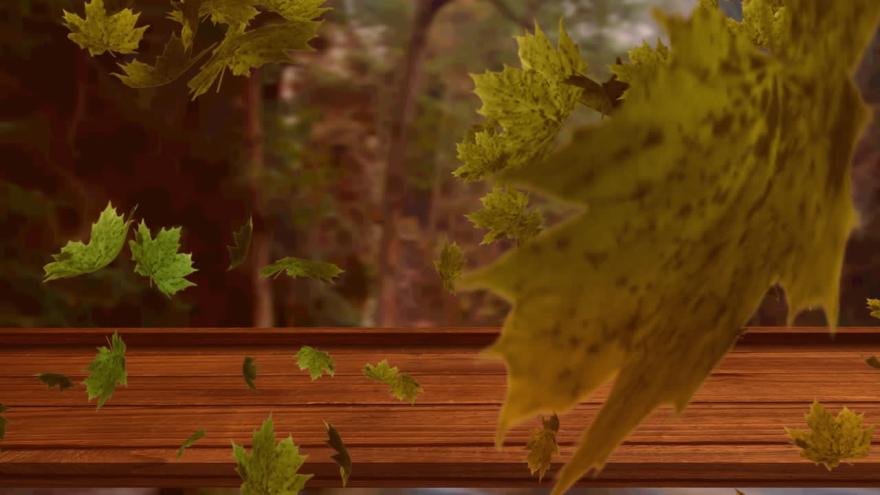animación digital de múltiples hojas de otoño flotando sobre la superficie de madera contra el bosque