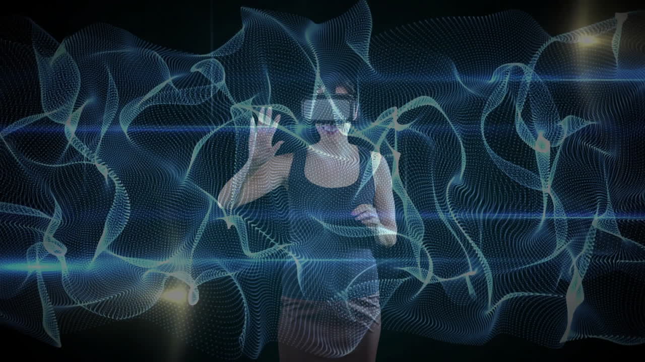 Wearing VR headset, person interacting with digital animation and light effects