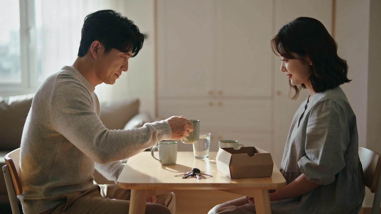 집에서 밝은 스웨터를 입은 남자가 파트너들 사이에 녹색 머그잔을 놓으며 열쇠 근처에서 음료를 건네는 모습.