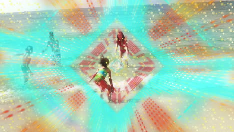 dancing with colorful geometric patterns and light effects in animation