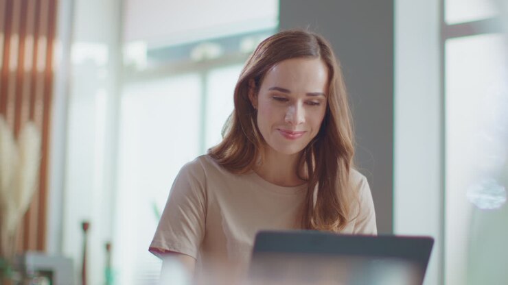 Woman typing message on laptop