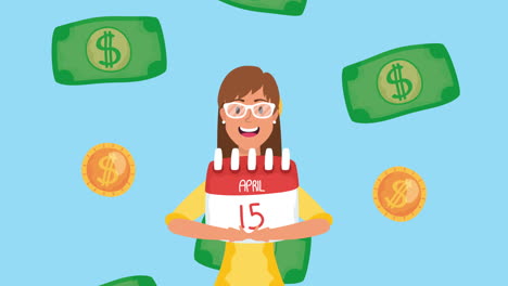 animación del día de impuestos con mujer de negocios y calendario