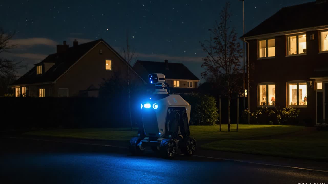 A Futuristic Robot Navigates a Suburban Neighborhood at Night, Illuminating the Darkened Street with Its Bright LED Lights in a Quiet Residential Area