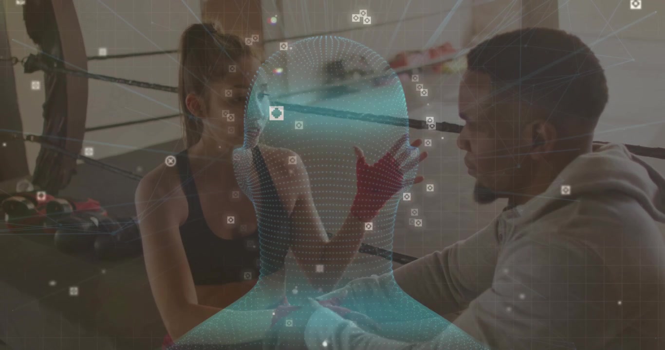 Athlete lifting glove causing coach wrapping hand wraps for fitness while holographic head pulsing