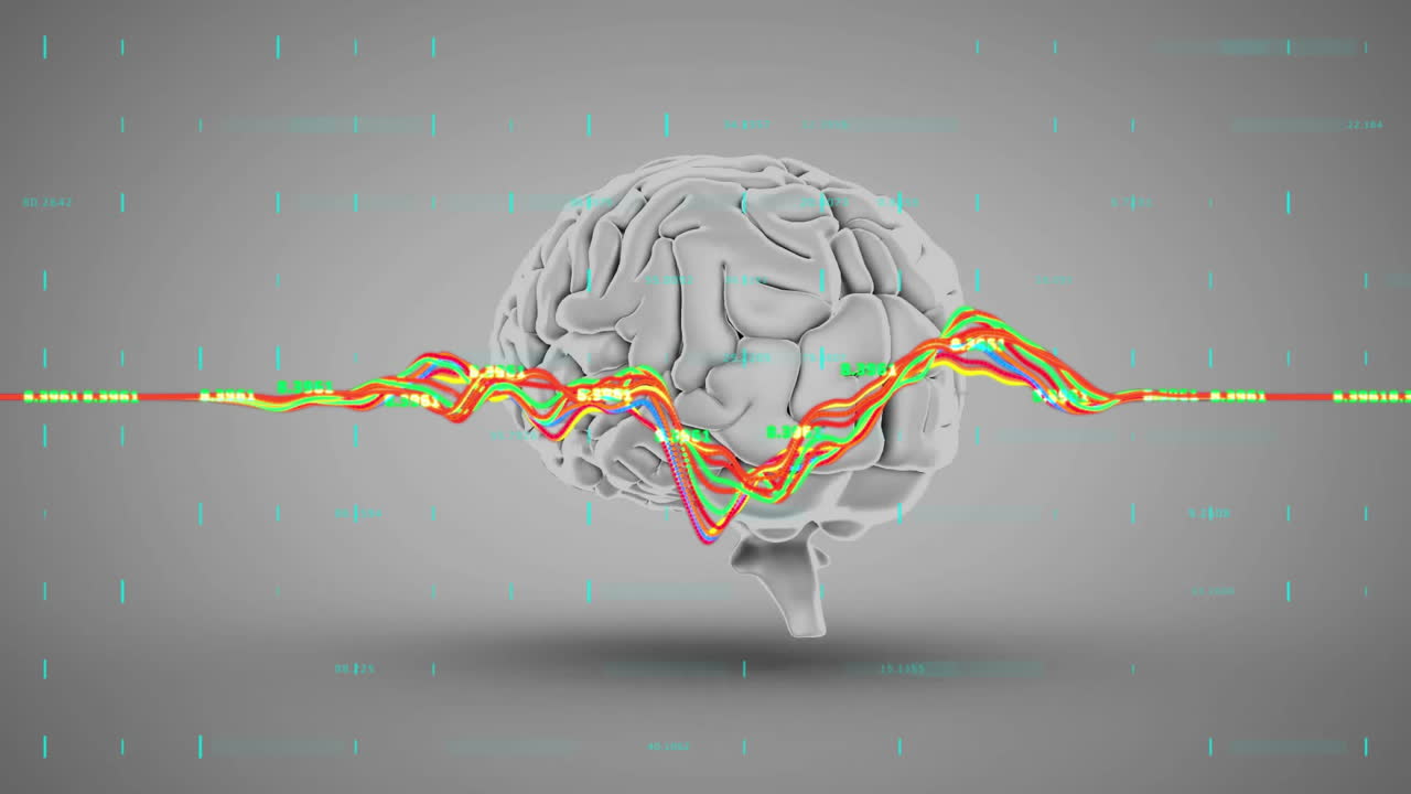 회색 배경에 있는 인간의 뇌 위에 변하는 숫자를 가진 다채로운 그래프의 애니메이션