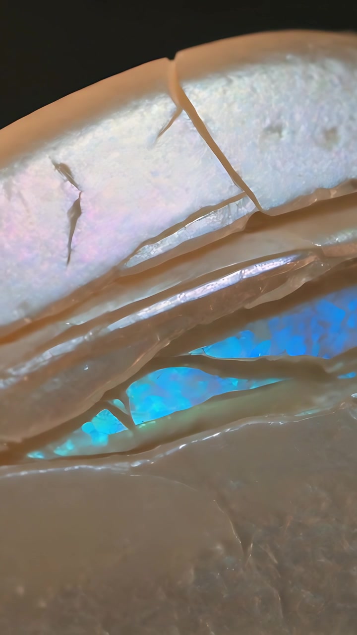 Video verticale: Movimento di telecamera che rivela un frammento di conchiglia curvo in uno studio macro, con madreperla blu.
