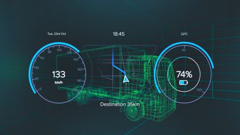 Animation-Eines-Tachometers-Mit-Wechselnden-Zahlen-Und-Kreisen-Mit-Batteriesymbolen-über-Einem-3D-LKW