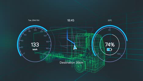 Animation of speedometer with changing numbers and circles with battery icons over 3d truck
