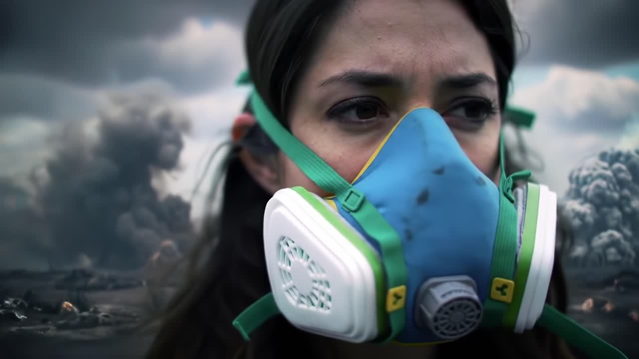 Woman Wearing Protective Mask in Ominous Environment, Highlighting Concerns Over Health and Safety Amidst Environmental Challenges and Pollutants in the Air