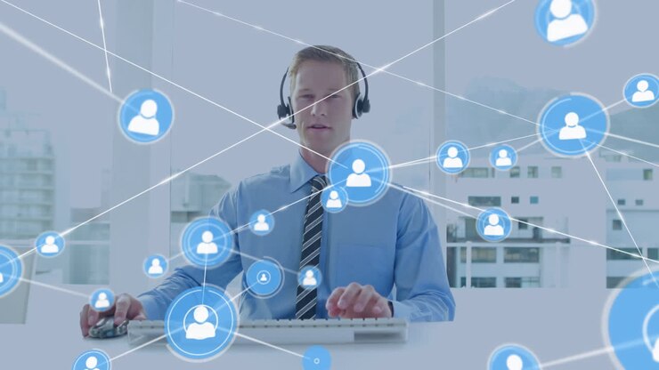 Connettori in movimento e dati digitali su un uomo che lavora