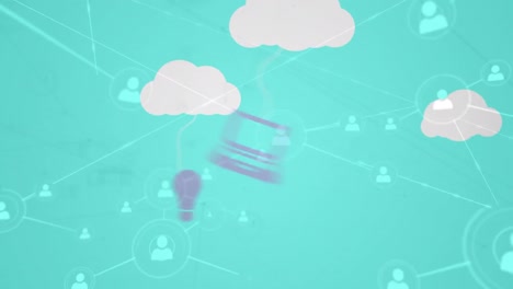 Animation-of-clouds-and-icons-and-network-of-connections-on-green-background