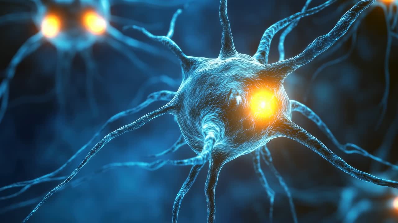 Close-up video still of neurons with glowing synapses, captured from a dynamic angle