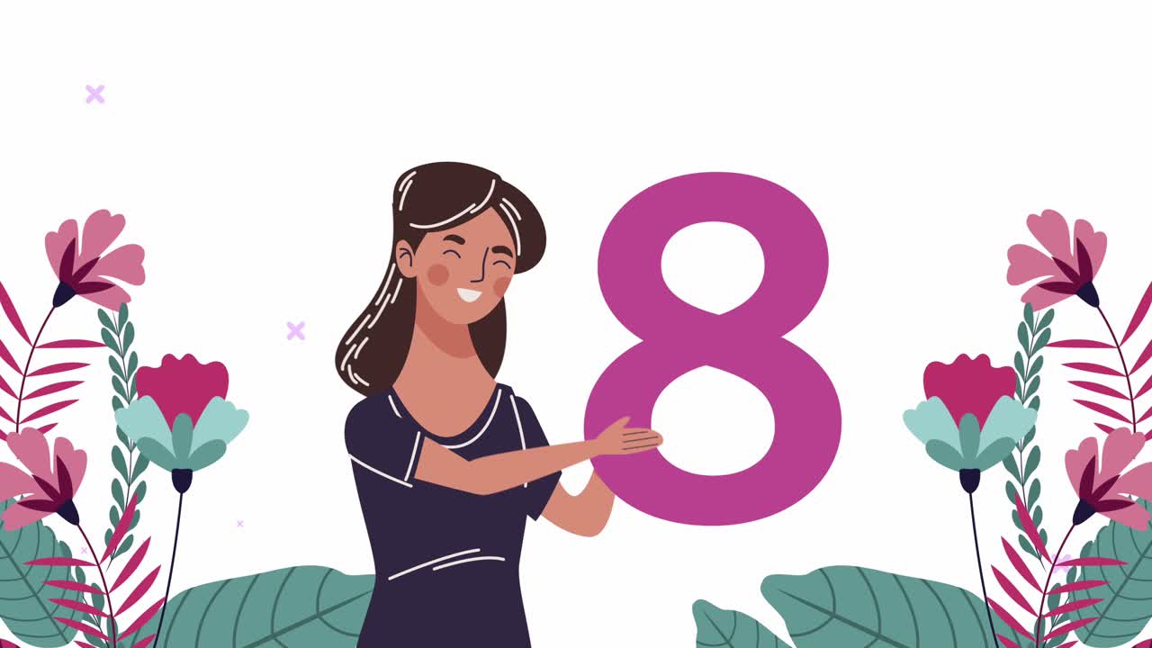 feliz tarjeta del día de la mujer con la mujer levantando el número ocho en el jardín