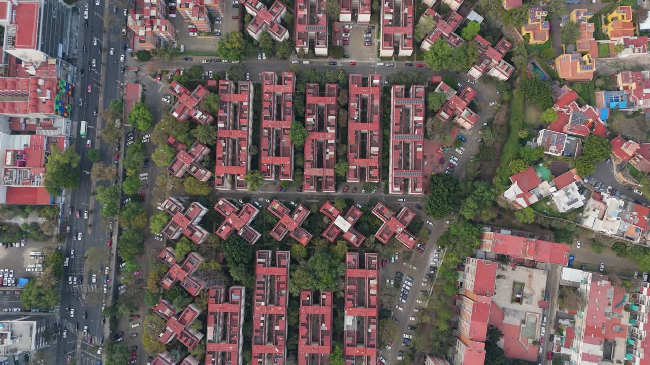 Aerial shot of a housing development featuring geometric architecture in Mexico City