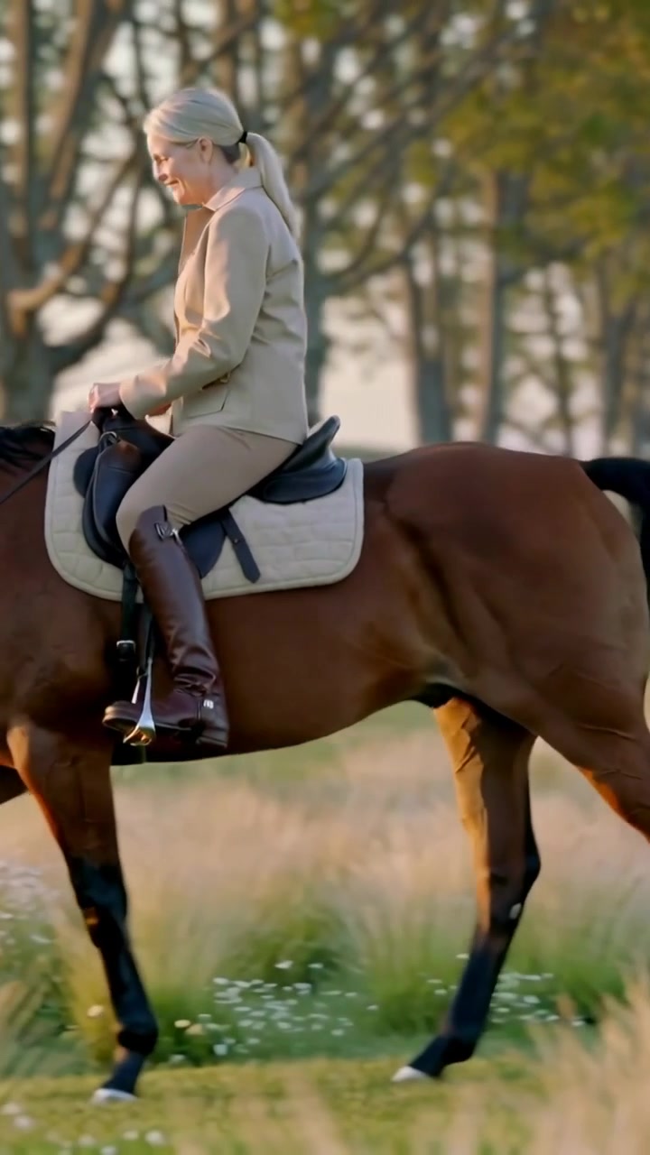 Video verticale: Donna a cavallo in pantaloni da equitazione e stivali che guida un cavallo marrone mentre cammina in un campo illuminato dal sole