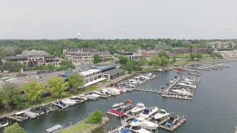 drone view of botas docked at downtown of minnesota with lake minnetonka in usa