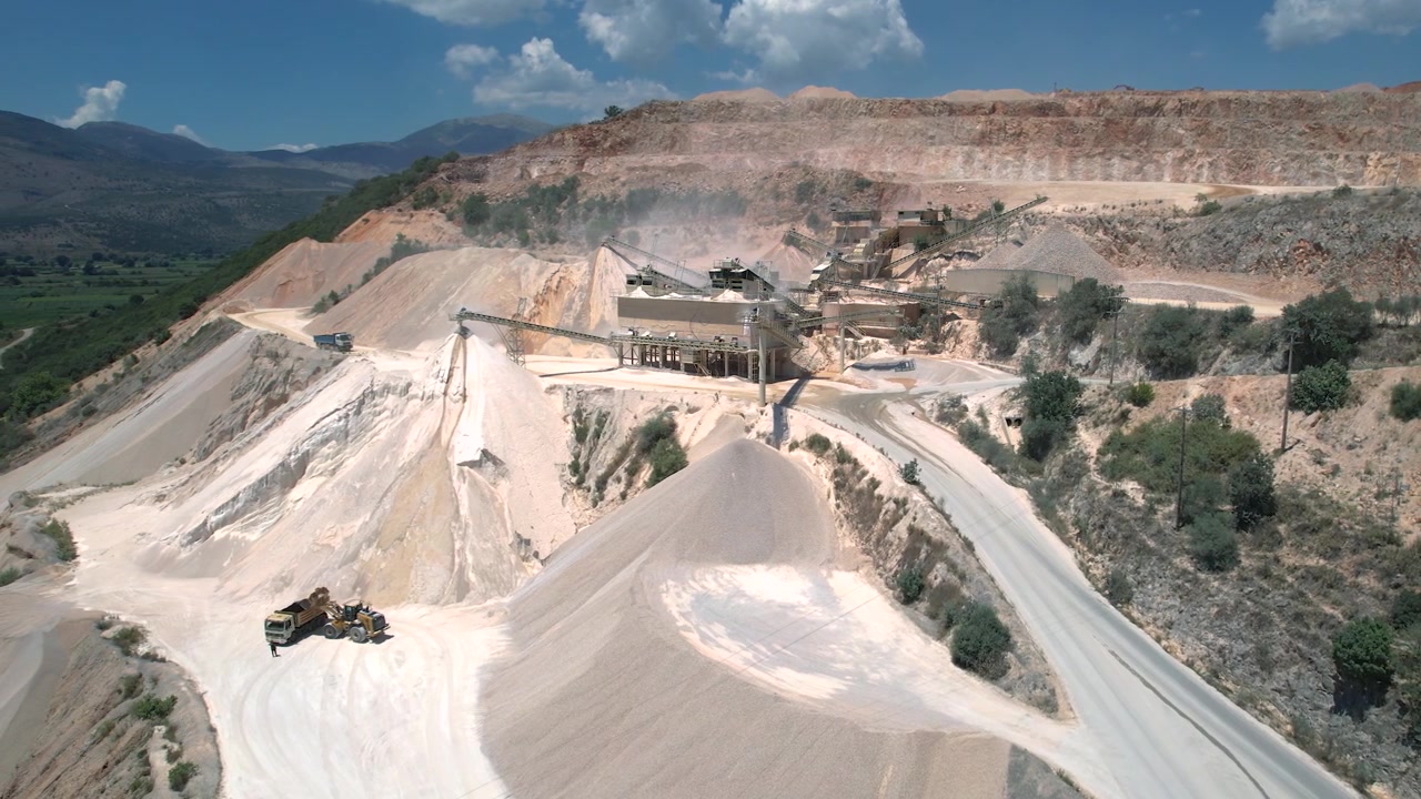 Preveza Quarries, Industrial Quarry Operations, Aerial View of Aggregate Production Facility in Epirus Greece, Point of Interest Shot