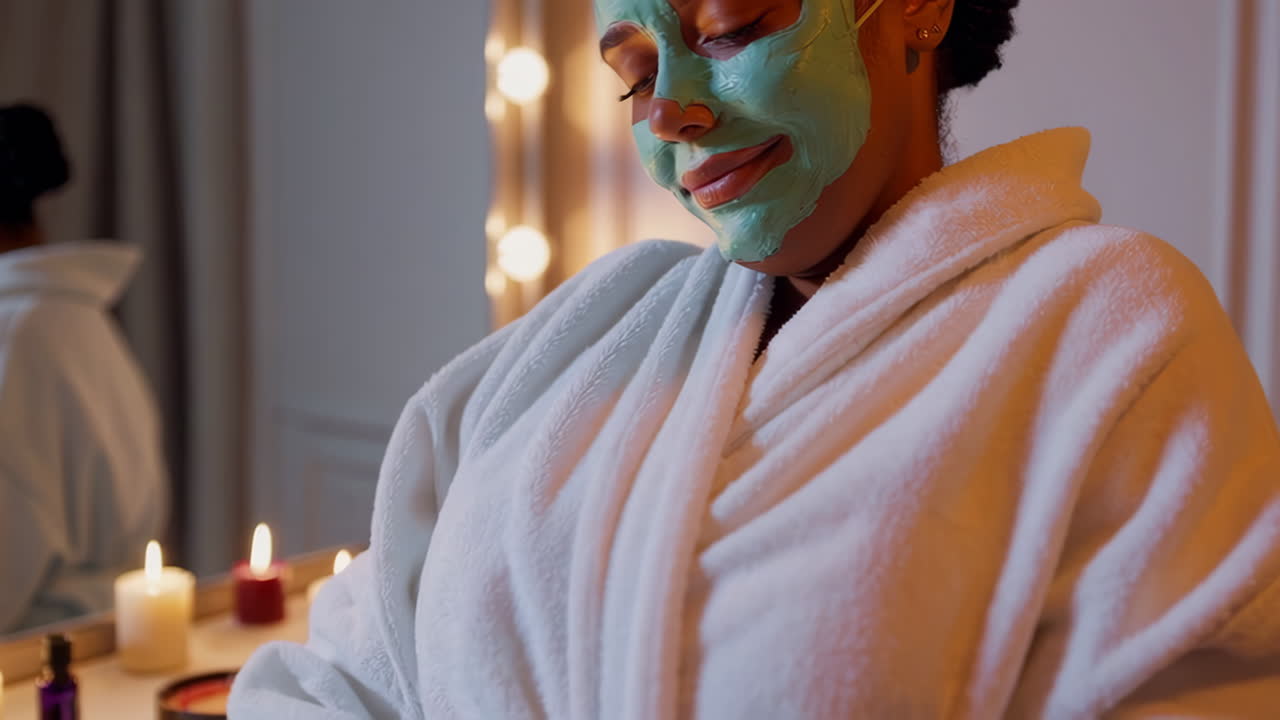 Kvinde påfører ansigtsmaske i spa-lignende omgivelser
