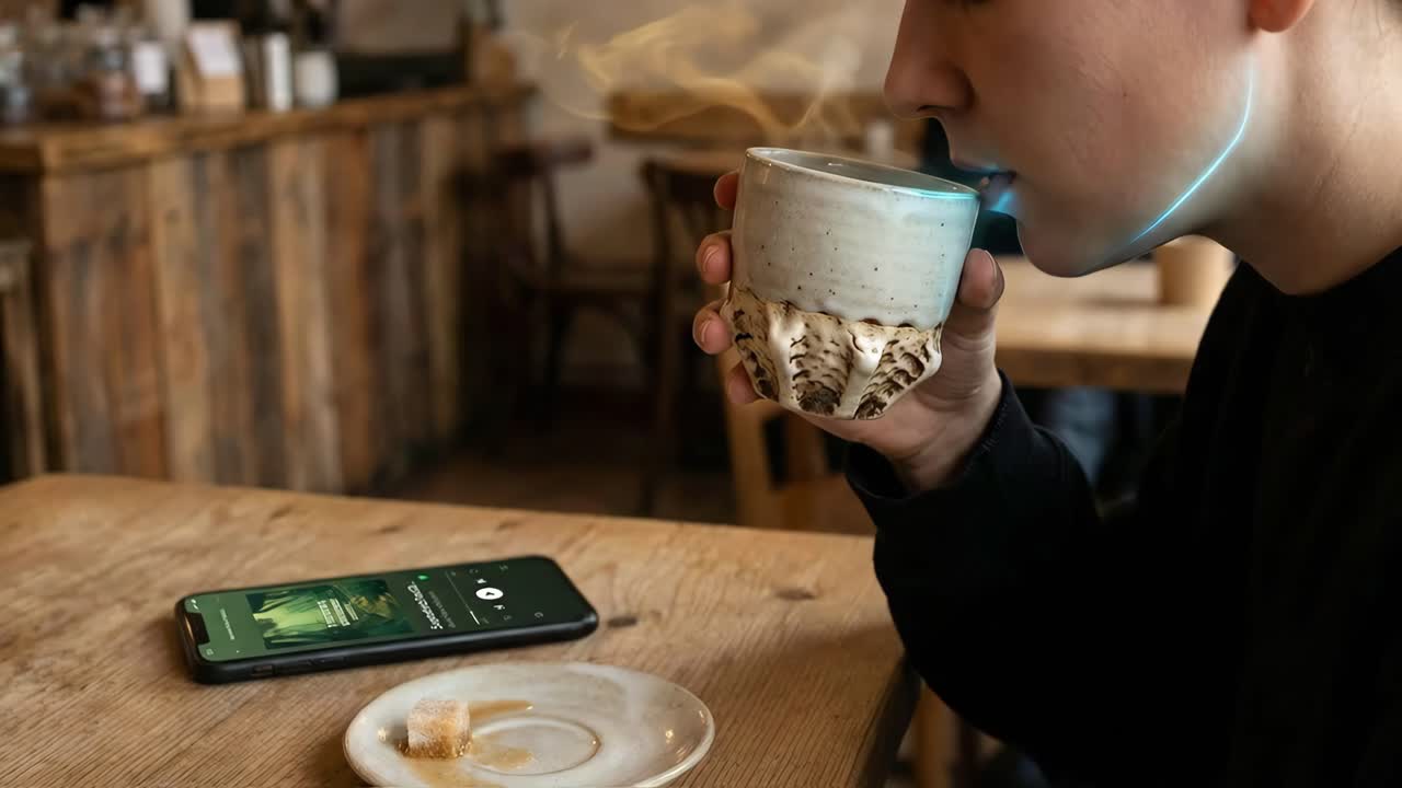 Donna che beve caffè mentre ascolta musica in una caffetteria
