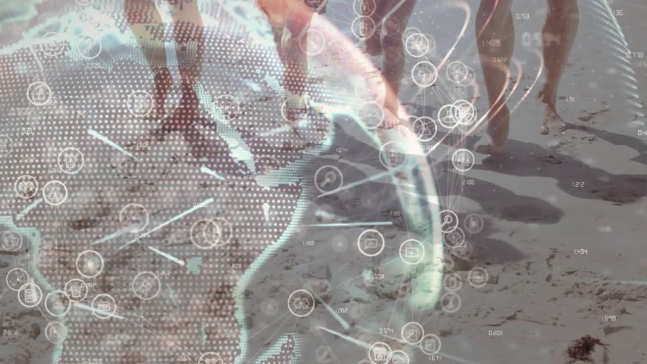 Family walking on wet sand, entering frame and initiating globe HUD animation for tech demo