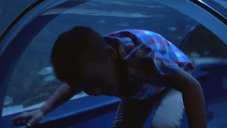 child walking in water tunnel of oceanarium