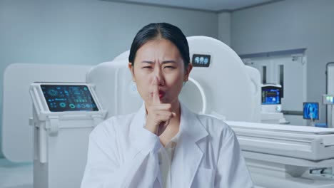 close up of asian woman doctor showing silence gesture while standing with mri machine in the hospital