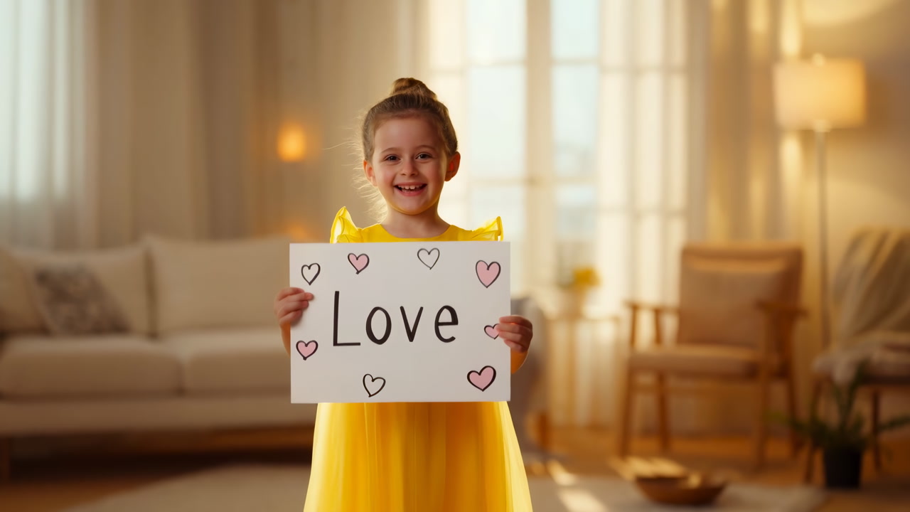 Young Caucasian Girl Holding Love Sign In Sunlit Cozy Living Room, Wearing Bright Yellow Dress, Smiling