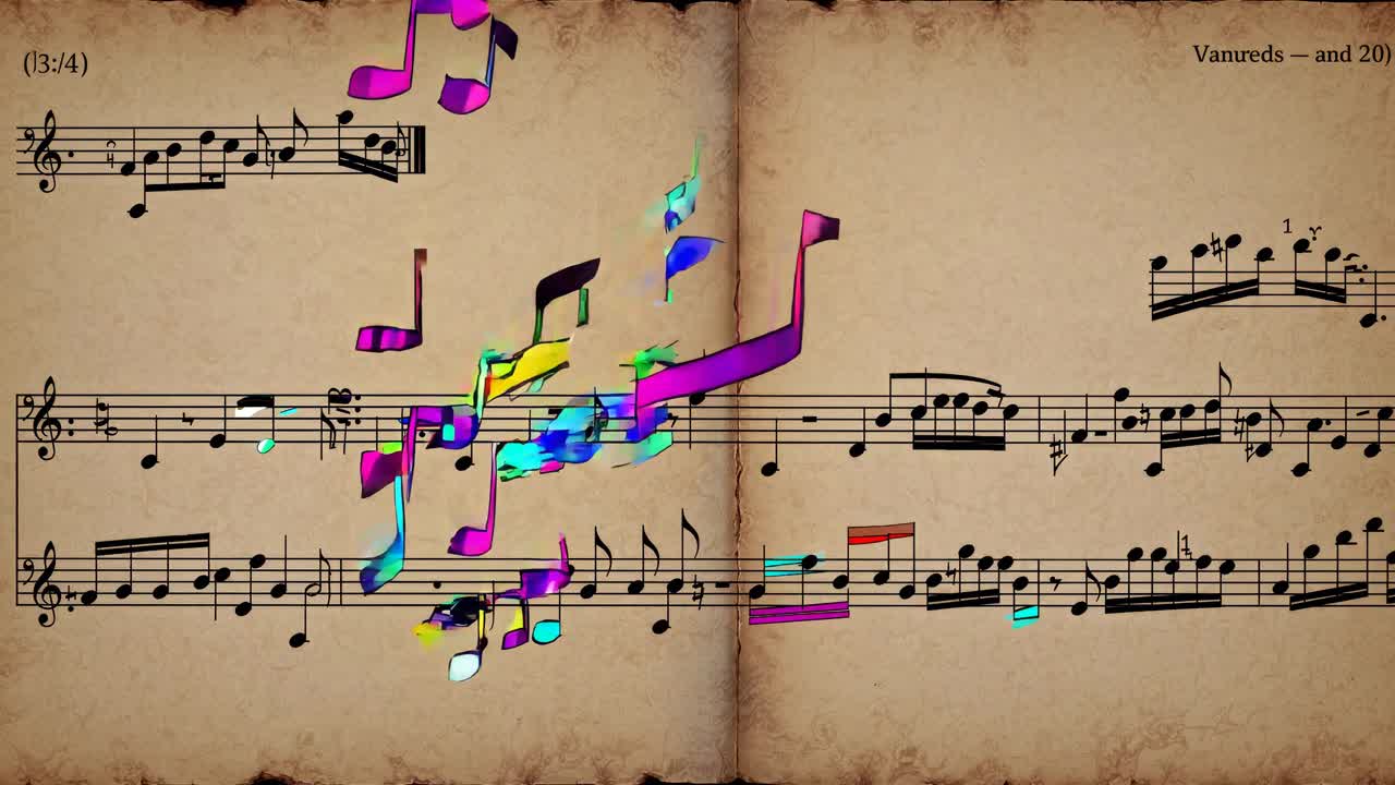 Top-down view of an open music sheet with colorful 3D notes floating above, blending traditional