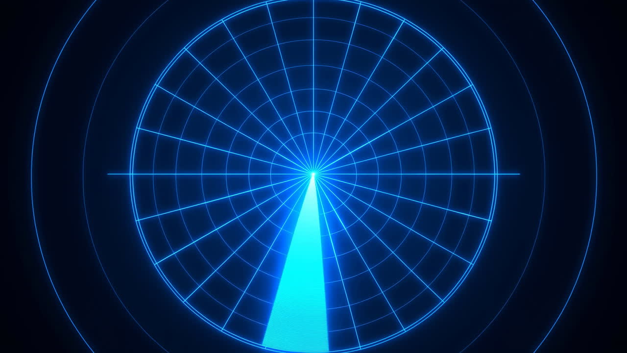 Blue Radar Sweep Scanning Circular Grid, Bright Sector Beam Rotates Across Concentric Rings With Pulsing Blip,