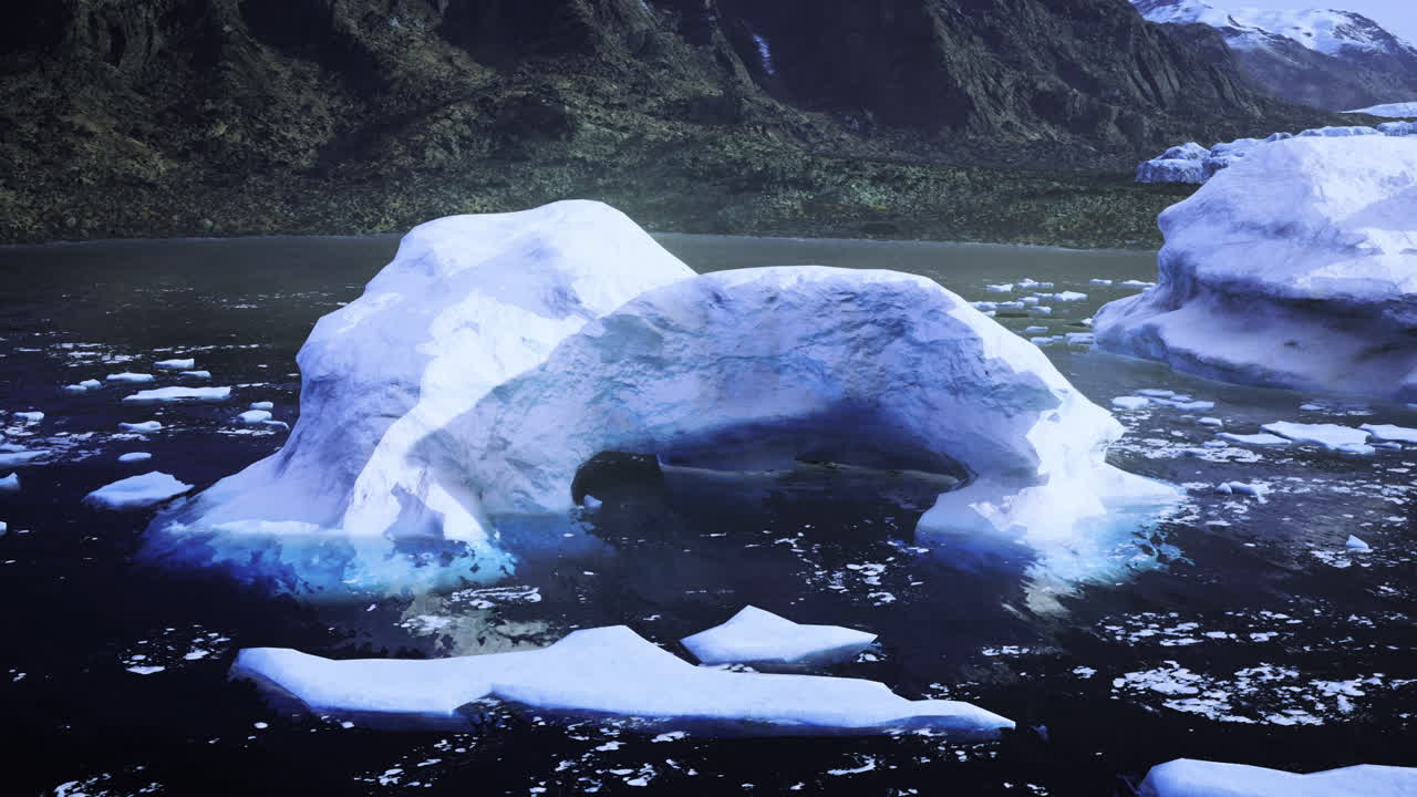 Large ice arch formation in a serene glacial bay during daylight