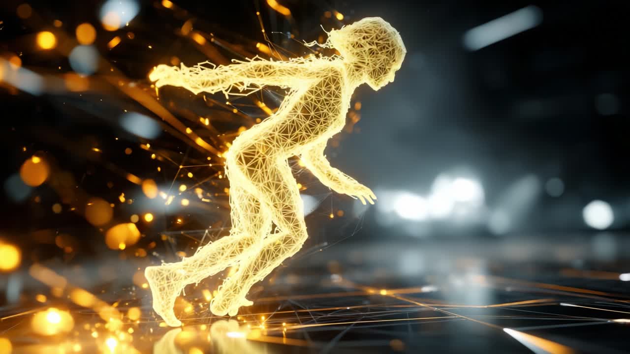 An ethereal figure represented through a dynamic blend of light and energy, traverses a digital landscape, capturing the essence of motion and fluidity in a stunning visualization