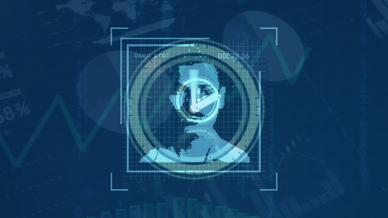 animación del procesamiento de datos con diversas personas iconos sobre el reloj y gráfico en fondo negro