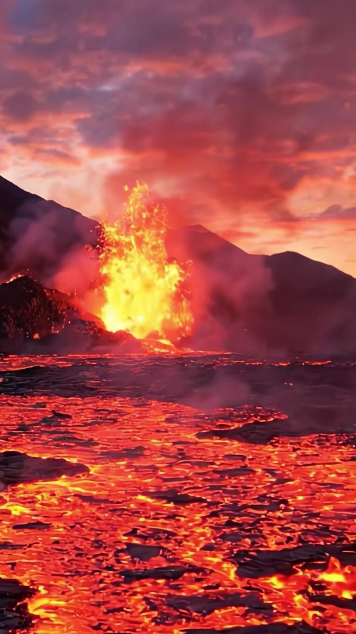 A Captivating Display of Molten Lava Erupting from a Volcano at Sunset, Showcasing Nature's Power and Beauty in a Fiery Landscape of Orange and Red Flames