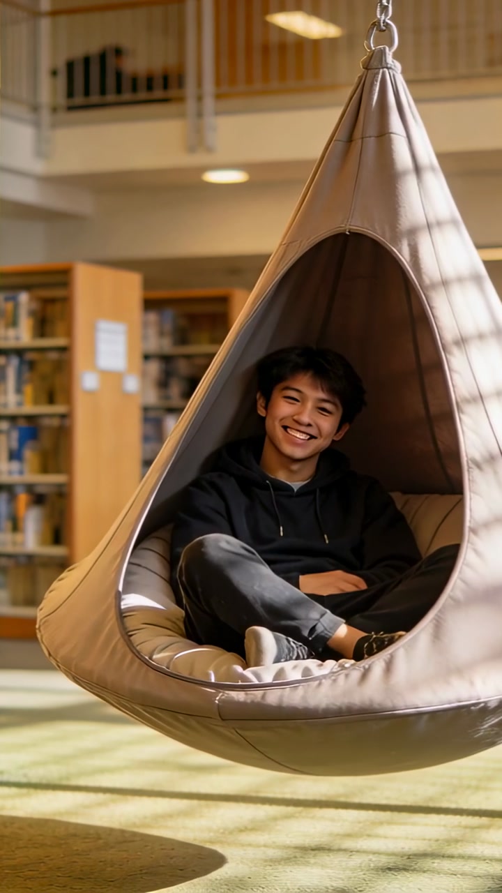 Vertical video: Smiling Asian in black hoodie responding to camera sitting in pod chair at library