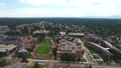 Drone-tour-if-American-College-campus-University-of-Denver,-Near-Denver,-Colorado,-USA