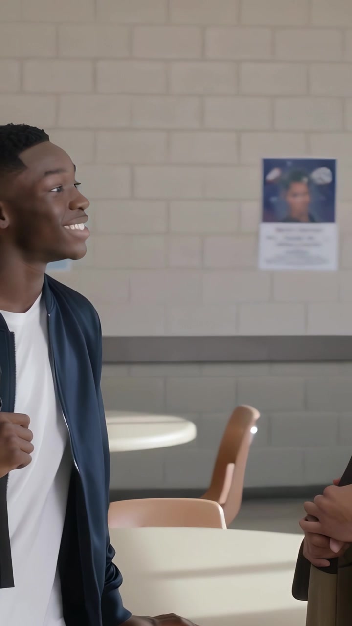 Vertical video: Greeting teen in navy coat after peer wave in school cafe with backpack, copy space