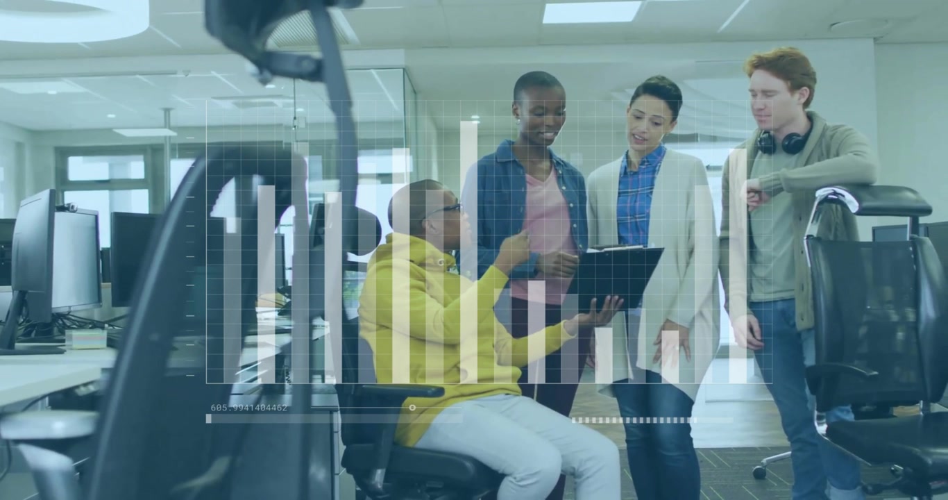 Animation of financial data processing over diverse business people in office