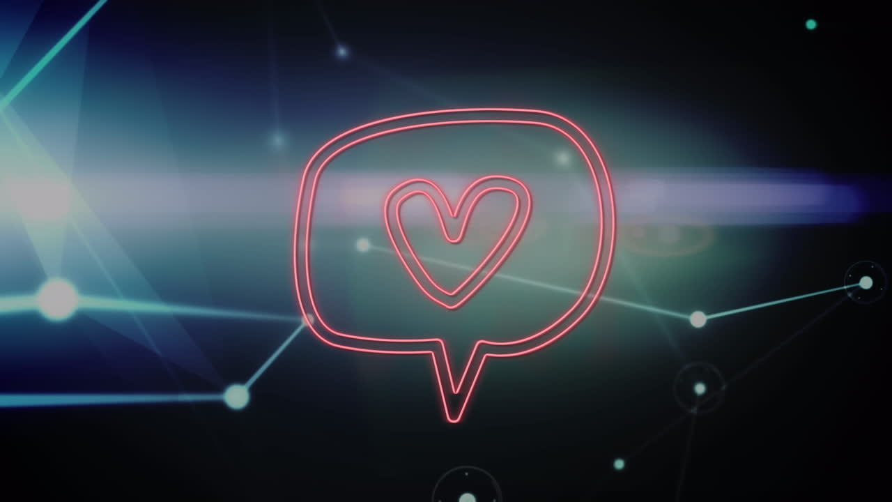 검은색 배경에 통신 네트워크를 통해 음성 거품에서 빨간 심장의 애니메이션