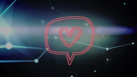 animación de corazón rojo en burbuja de habla sobre red de comunicación en fondo negro