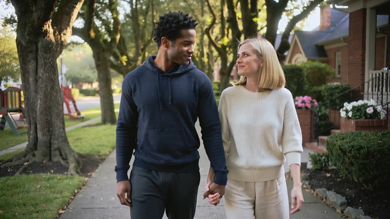 Stepping toward camera, pair in hoodie and sweater holding hands, smiling and strolling on sidewalk