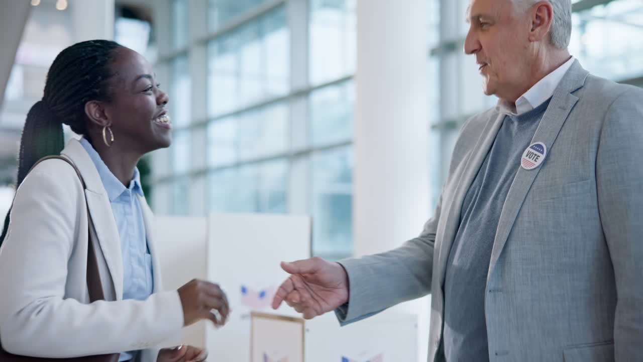Casting vote pin, ballot and black woman at booth