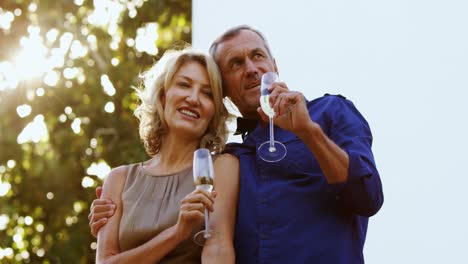 Couple-interacting-while-having-champange-in-balcony